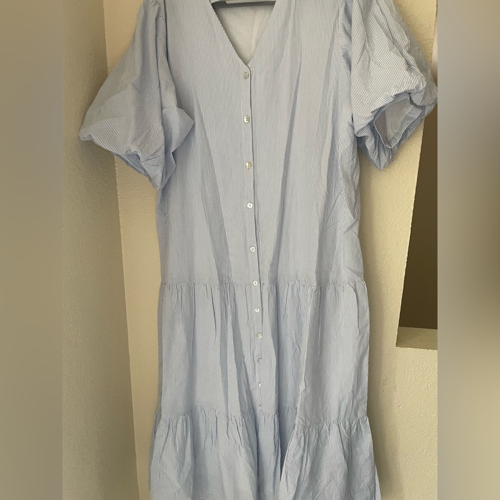 Citrus Seersucker Button-Front Tiered Dress